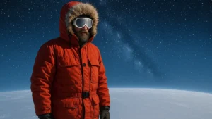 Ricercatore al Polo Sud in piedi con il cielo australe alle spalle