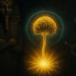 Ricostruzione visiva di un fungo Aspergillus flavus stilizzato su una tomba egizia