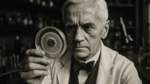 Ritratto di Alexander Fleming che osserva una piastra di Petri con una muffa e un alone di inibizione batterica