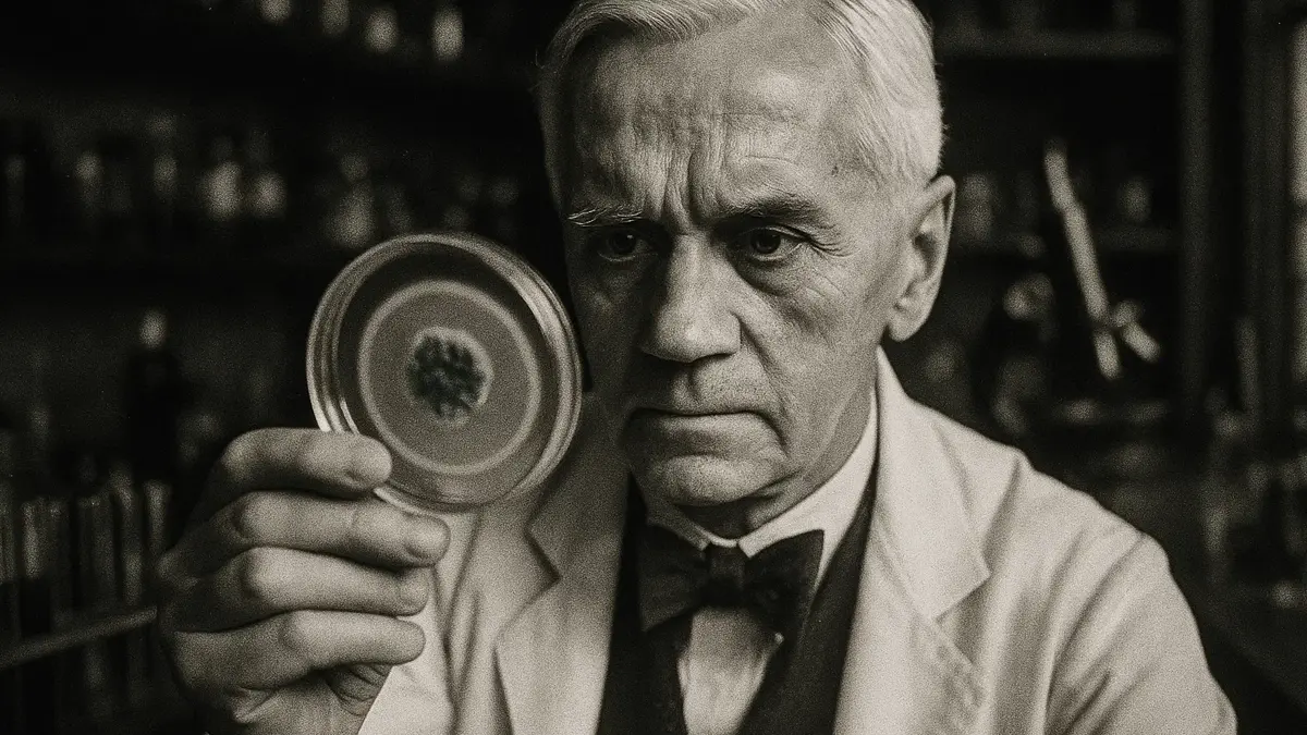 Ritratto di Alexander Fleming che osserva una piastra di Petri con una muffa e un alone di inibizione batterica