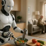 Robot domestico intelligente in cucina mentre prepara un pasto nel 2025
