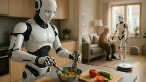 Robot domestico intelligente in cucina mentre prepara un pasto nel 2025