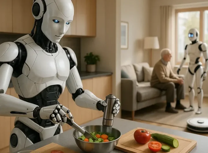 Robot domestico intelligente in cucina mentre prepara un pasto nel 2025
