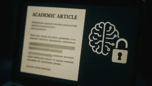 Schermo di computer che mostra un testo parzialmente invisibile con un icona di intelligenza artificiale e un lucchetto aperto
