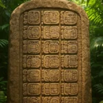 Stele Maya con simboli del Lungo Computo incisa su pietra