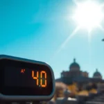 Termometro che indica temperature estreme con il sole cocente sullo sfondo e una persona che cerca riparo all'ombra in un paesaggio greco