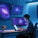 Un astrofisico (o scienziato) in un laboratorio moderno o centro di controllo