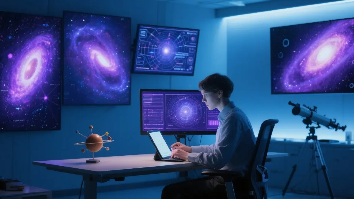 Un astrofisico (o scienziato) in un laboratorio moderno o centro di controllo