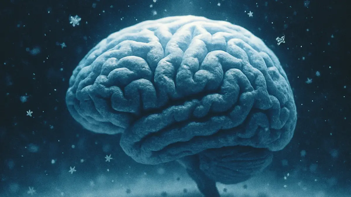 Un cervello umano stilizzato avvolto da cristalli di ghiaccio e fiocchi di neve