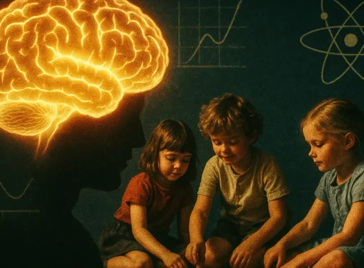 Un cervello umano stilizzato con ingranaggi visibili e bambini che corrono e giocano