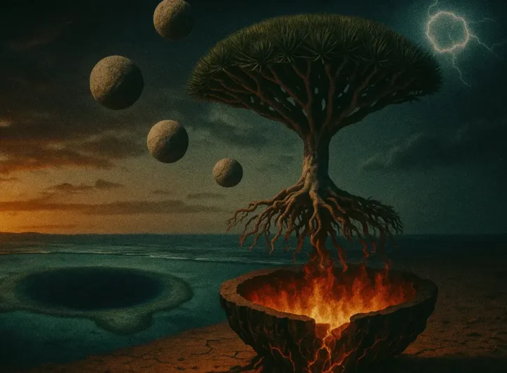 Un collage surreale di elementi bizzarri che sembrano non appartenere al mondo reale