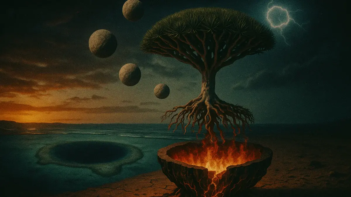Un collage surreale di elementi bizzarri che sembrano non appartenere al mondo reale