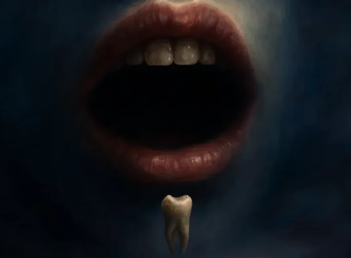 Un dente che cade da una bocca nel buio