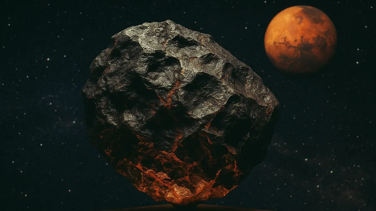 Un grande meteorite marziano di colore scuro su un piedistallo