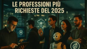 Un gruppo eterogeneo di persone che simboleggiano diverse professioni tecnologiche e sostenibili