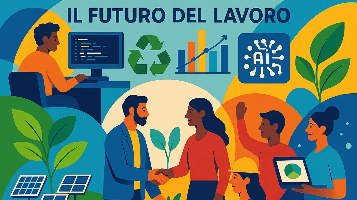 Un gruppo eterogeneo di professionisti sorridenti che lavorano insieme in un ambiente moderno