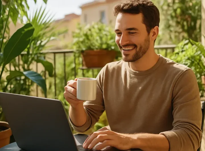 Un individuo sorridente e rilassato lavora al laptop su un balcone assolato con piante lussureggianti