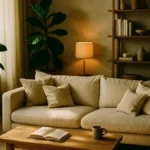 Un interno moderno e luminoso con mobili in legno chiaro e piante verdi