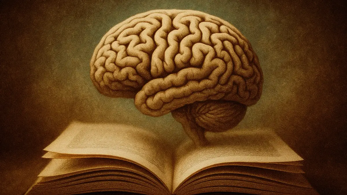 Un libro aperto con pagine che si trasformano in un labirinto o un cervello stilizzato