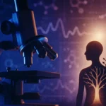 Un microscopio moderno con sfumature di luce blu e viola