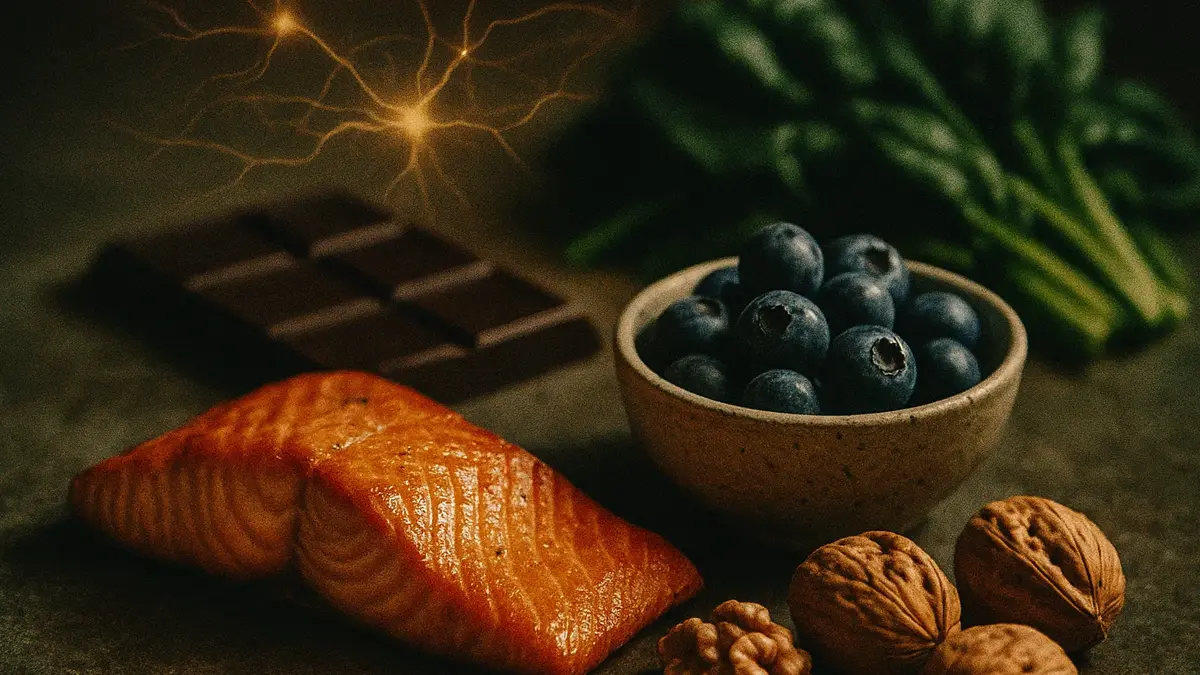 Un mix vibrante di alimenti sani salmone fresco, mirtilli succosi, cioccolato fondente e noci disposte armoniosamente su un tagliere in legno