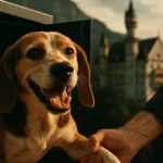 Un piccolo cane visibilmente felice e sollevato