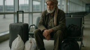 Un uomo seduto con valigia nella zona transiti di un aeroporto