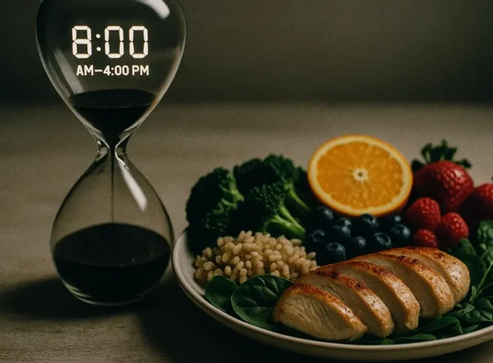 Una bilancia con un piatto di frutta fresca e uno con un orologio