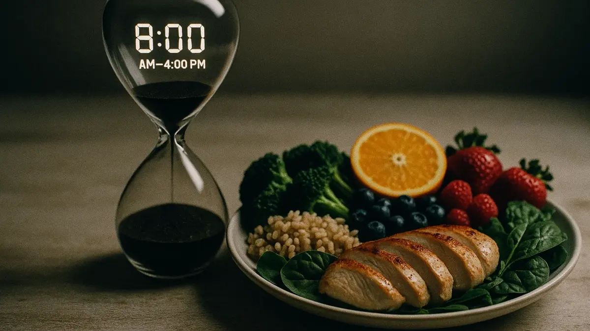 Una bilancia con un piatto di frutta fresca e uno con un orologio