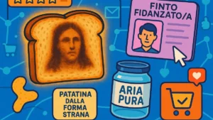 Una composizione surreale che include un toast con un immagine indistinta