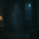 Una figura eterea e semitrasparente in piedi al centro di un salotto antico e leggermente buio