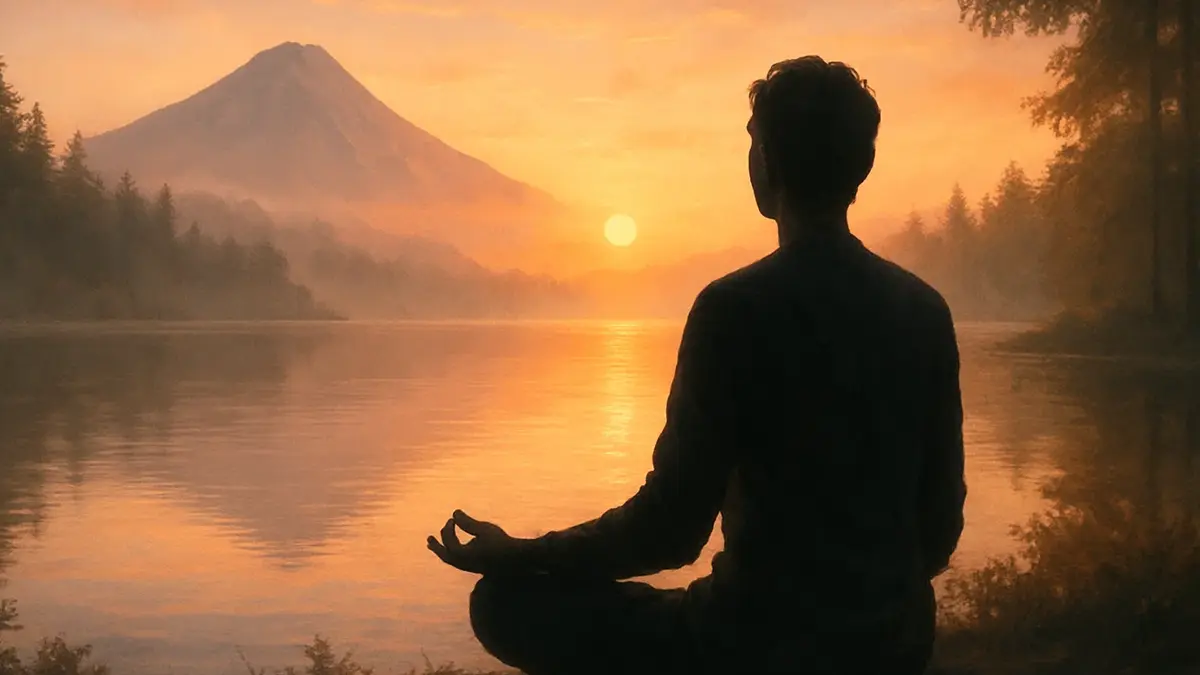 Una figura umana stilizzata in posizione meditativa su una collina