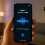 Una mano che tiene uno smartphone con un assistente vocale visualizzato