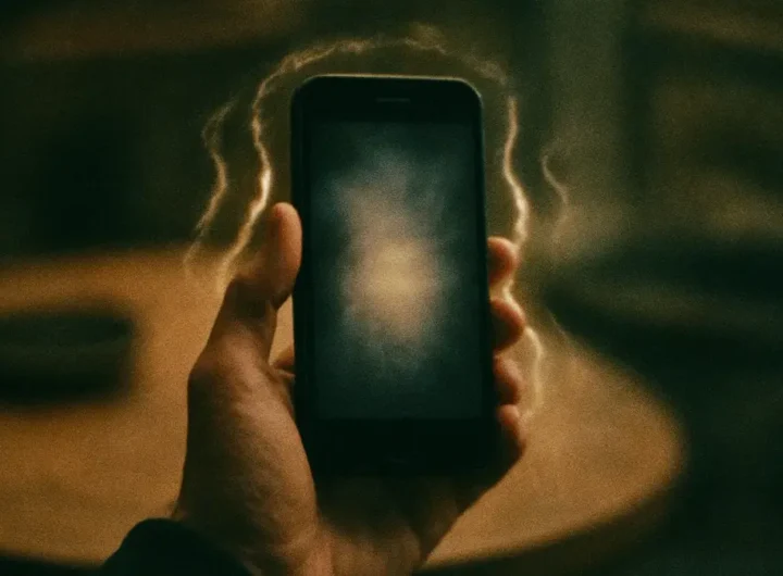 Una mano che tiene uno smartphone con un aura vibrante stilizzata intorno