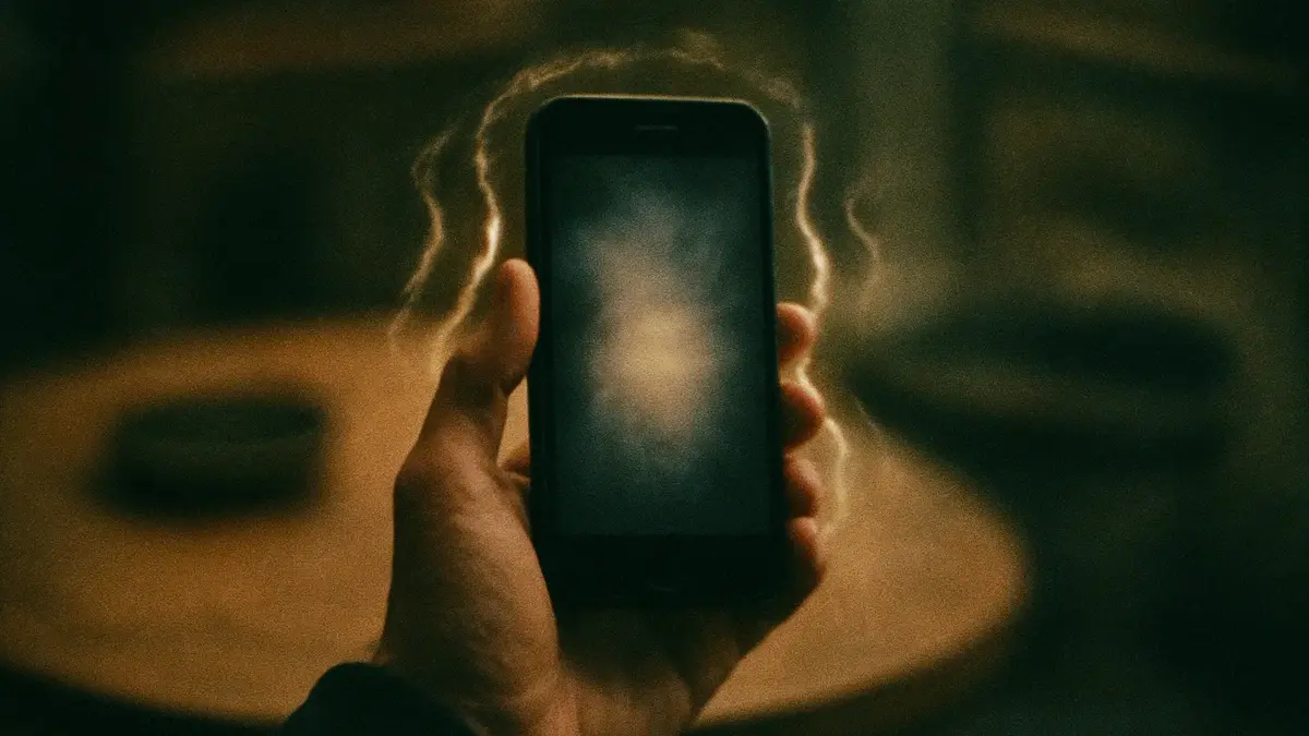 Una mano che tiene uno smartphone con un aura vibrante stilizzata intorno