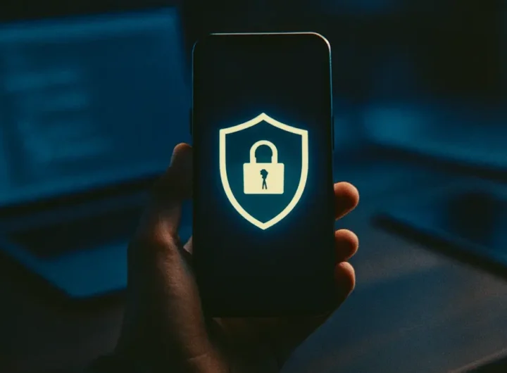 Una mano che tiene uno smartphone con un icona di lucchetto o scudo sullo schermo
