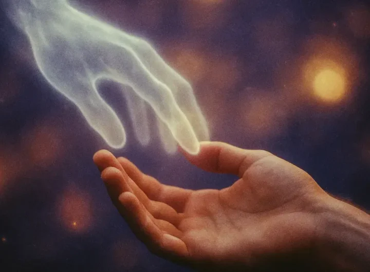 Una mano eterea e trasparente che si estende dolcemente verso una mano umana in segno di conforto