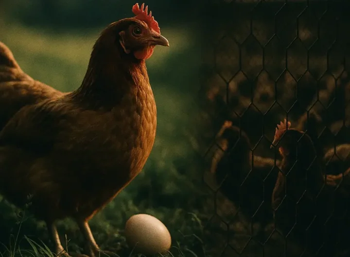 Una mano gentile che accarezza una gallina in un prato verde