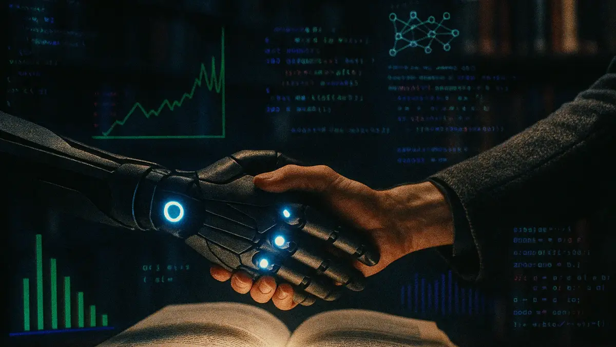 Una mano robotica (AI) e una mano umana si stringono attorno a un documento di ricerca o a un libro