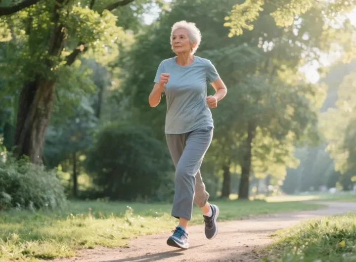 Una persona con abbigliamento sportivo cammina a passo svelto su un sentiero immerso nella natura