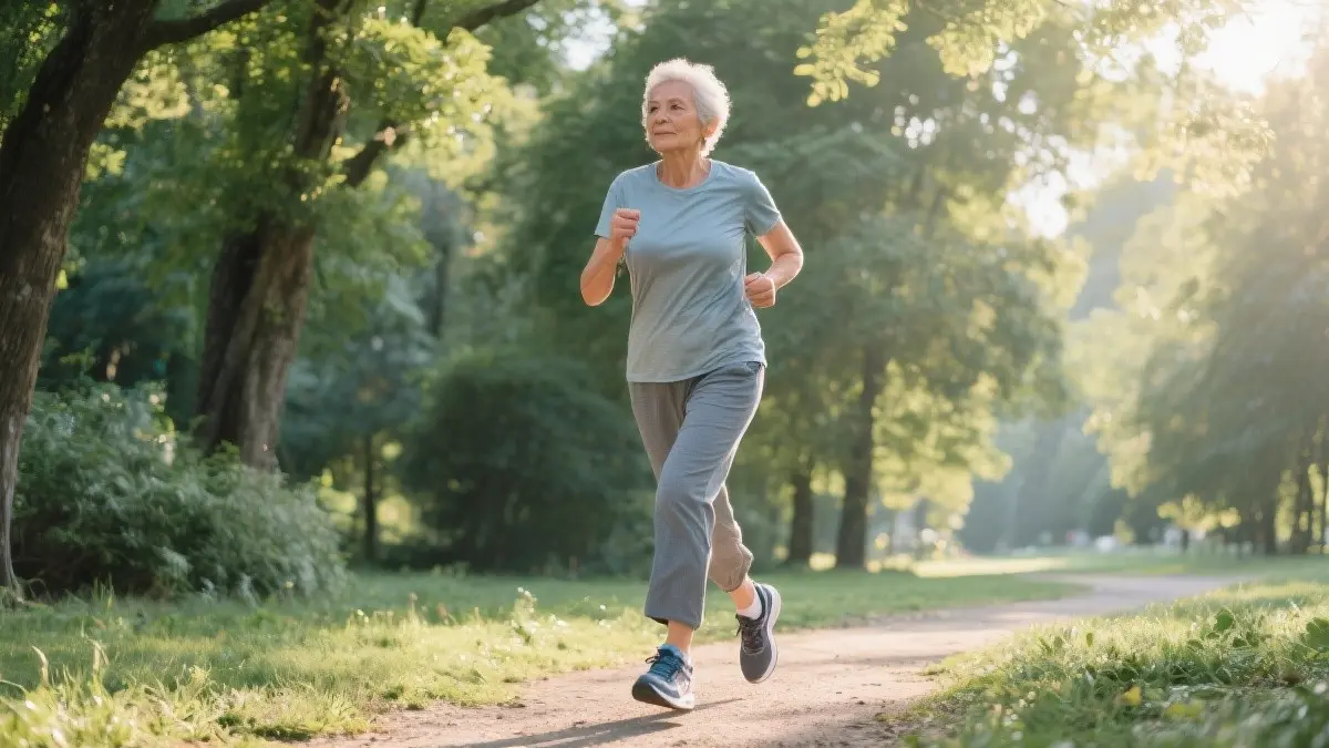 Una persona con abbigliamento sportivo cammina a passo svelto su un sentiero immerso nella natura