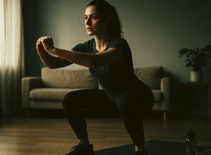 Una persona di corporatura atletica che esegue uno squat a corpo libero in un salotto luminoso e ordinato