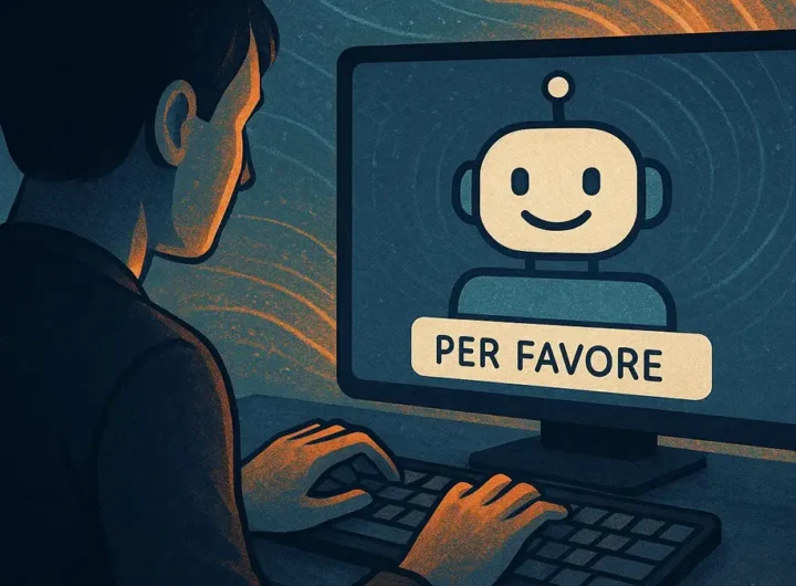 Una persona digita per favore su una tastiera virtuale mentre un avatar di intelligenza artificiale sorride sullo schermo