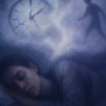 Una persona dorme serenamente mentre sopra la sua testa si materializza una scena sfocata di un evento futuro