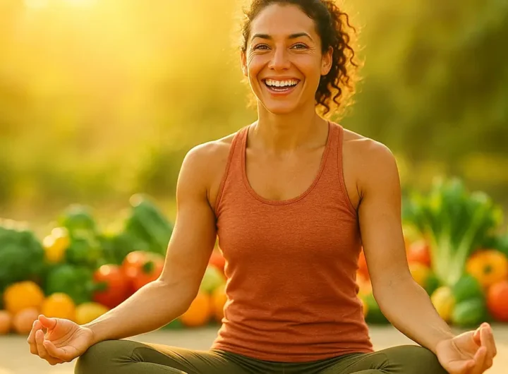 Una persona energica e sorridente che pratica yoga all'alba