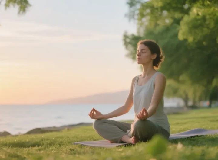 Una persona serena che pratica yoga o meditazione