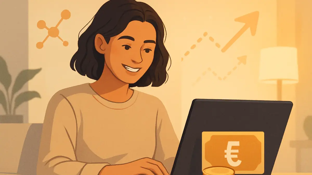 Una persona sorridente che lavora al computer con un piccolo simbolo di euro in primo piano