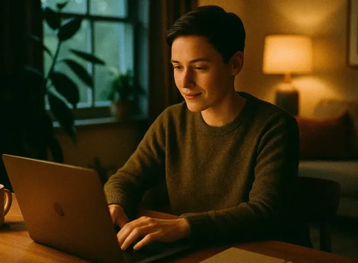 Una persona sorridente che lavora al laptop da casa