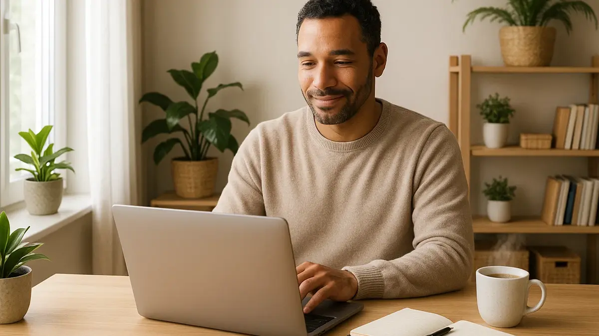 Una persona sorridente e rilassata lavora al laptop da una scrivania ordinata e luminosa