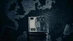 Una pila di banconote euro che si stanno sgretolando o sciogliendo al centro